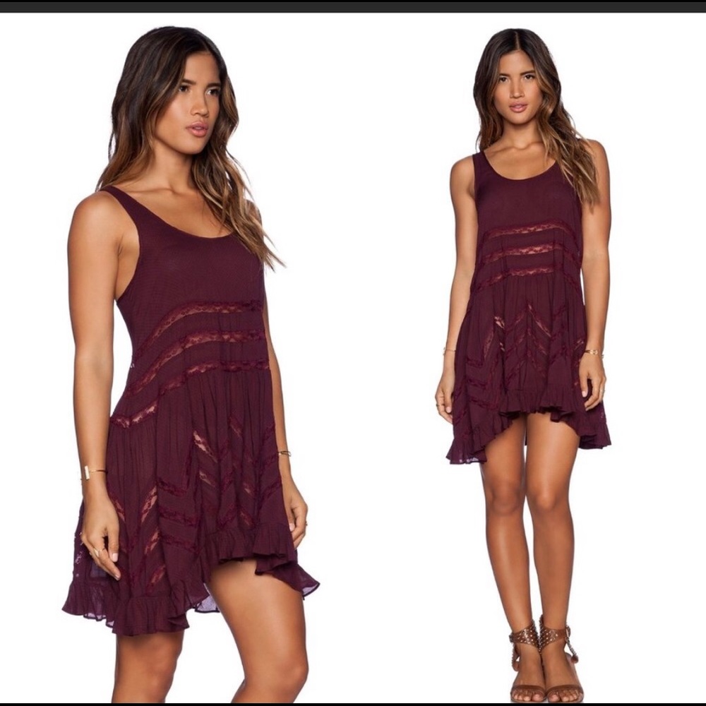 Free People Voile & Lace Maroon with Black Polka Dot Trapeze Dress